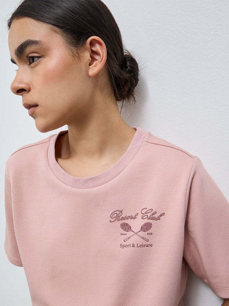 Nuoflexx Dusty Pink Printed Cotton-Blend T-Shirt