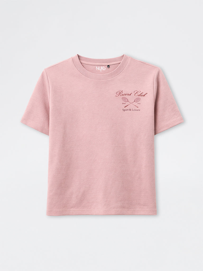 Nuoflexx Dusty Pink Printed Cotton-Blend T-Shirt