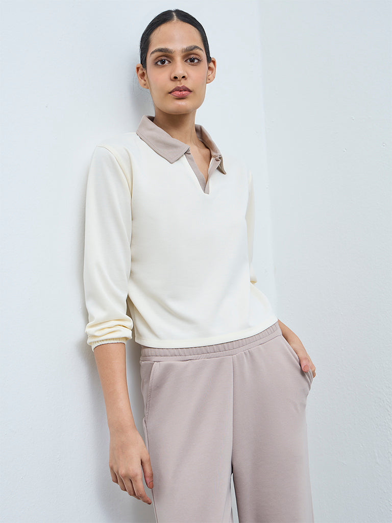 Nuoflexx Cream Contrast Collared Cotton T-Shirt