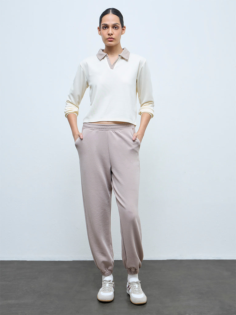 Nuoflexx Cream Contrast Collared Cotton T-Shirt