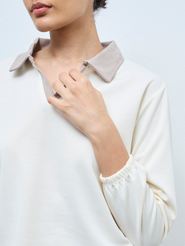 Nuoflexx Cream Contrast Collared Cotton T-Shirt