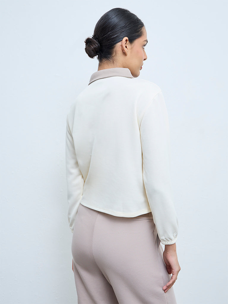 Nuoflexx Cream Contrast Collared Cotton T-Shirt