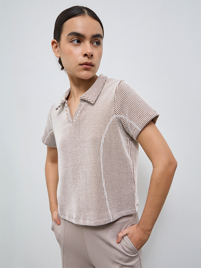 Nuoflexx Taupe Striped Cotton-Blend Top