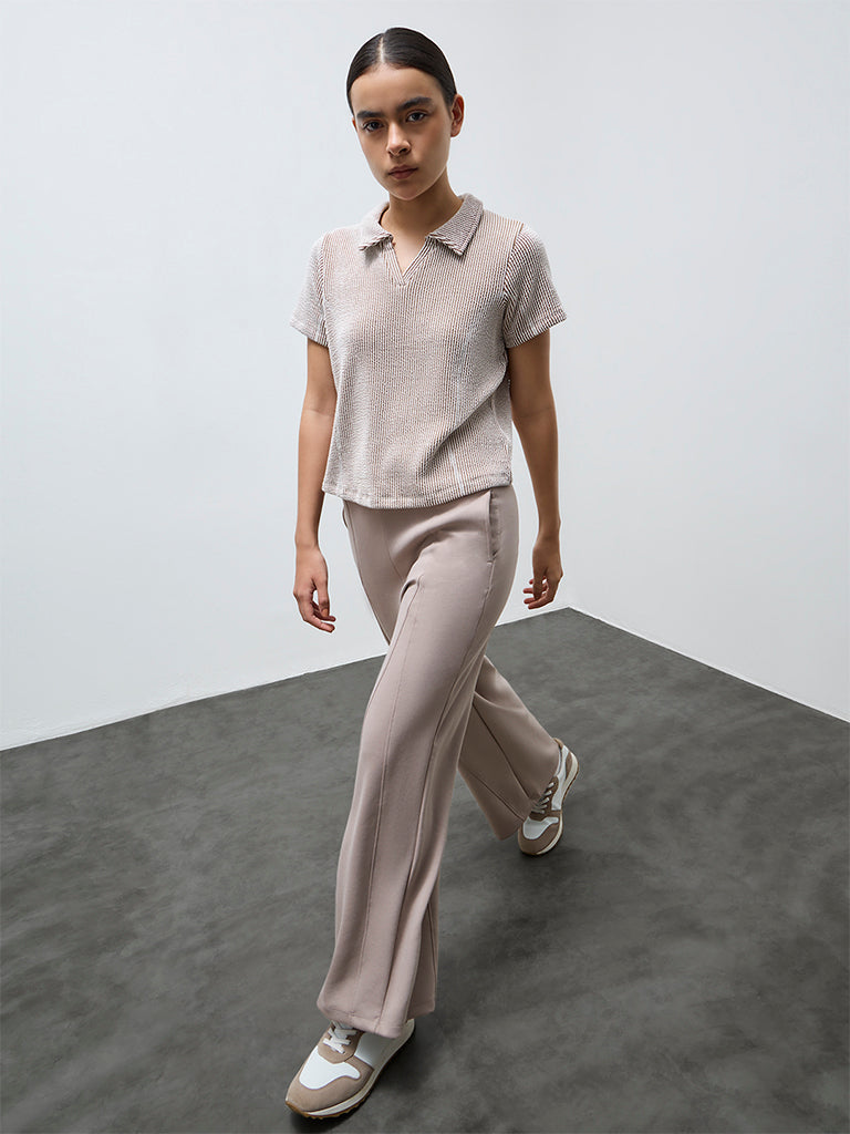 Nuoflexx Taupe Striped Cotton-Blend Top