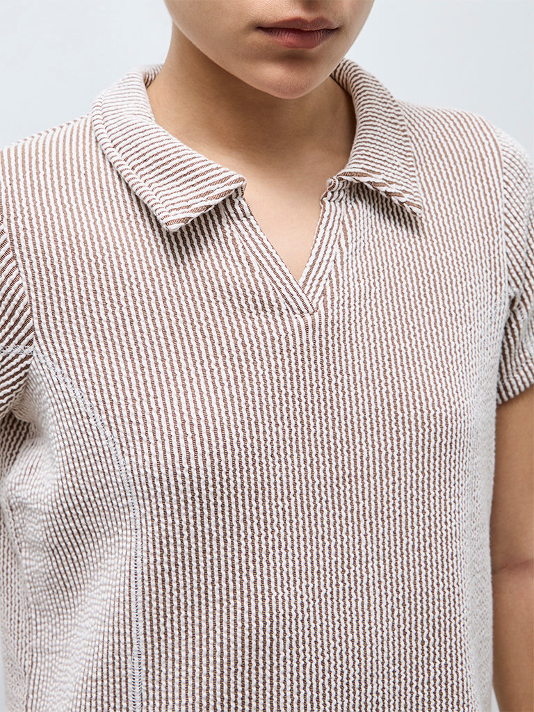 Nuoflexx Taupe Striped Cotton-Blend Top