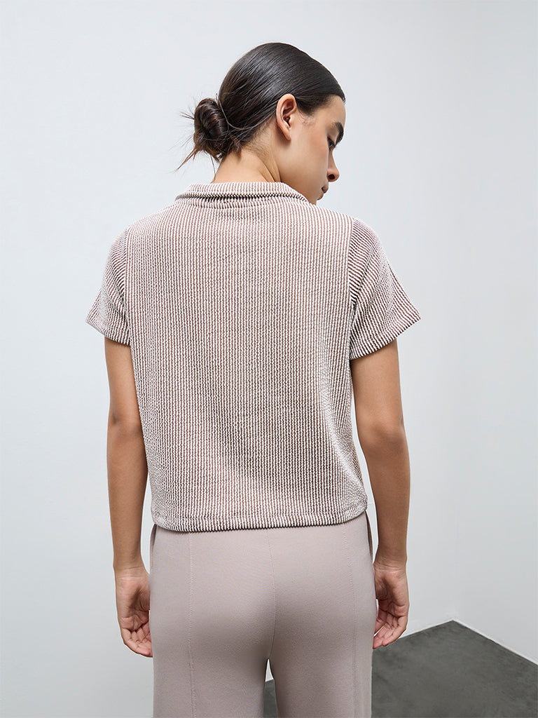 Nuoflexx Taupe Striped Cotton-Blend Top