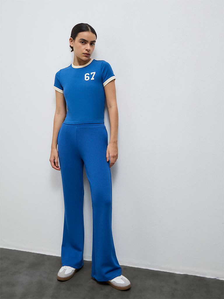 Nuoflexx Blue Text Embossed Cotton-Blend T-Shirt