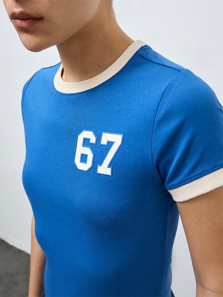 Nuoflexx Blue Text Embossed Cotton-Blend T-Shirt