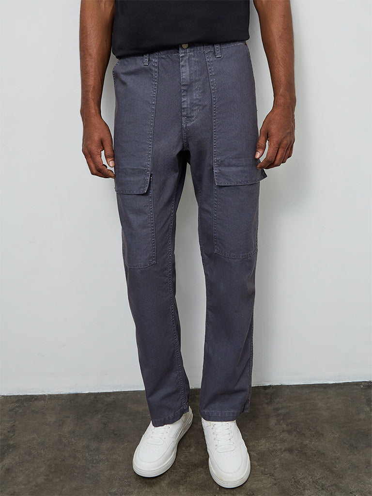 WES Casuals Dusty Blue Relaxed-Fit Mid-Rise Cotton-Blend Cargo Pants