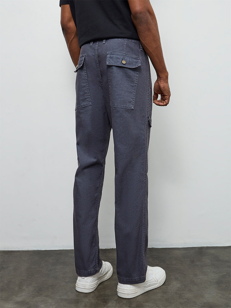 WES Casuals Dusty Blue Relaxed-Fit Mid-Rise Cotton-Blend Cargo Pants