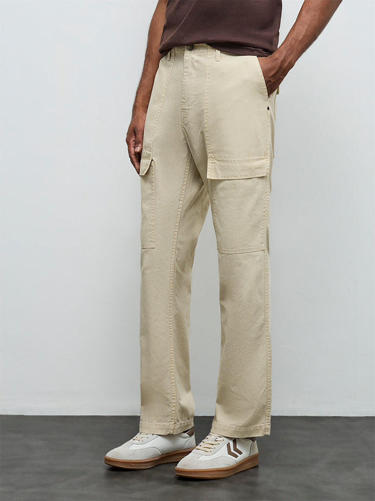 WES Casuals Beige Relaxed-Fit Mid-Rise Cotton-Blend Cargo Pants