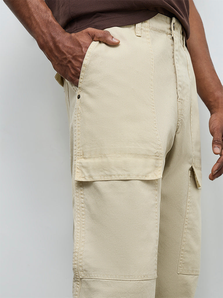 WES Casuals Beige Relaxed-Fit Mid-Rise Cotton-Blend Cargo Pants