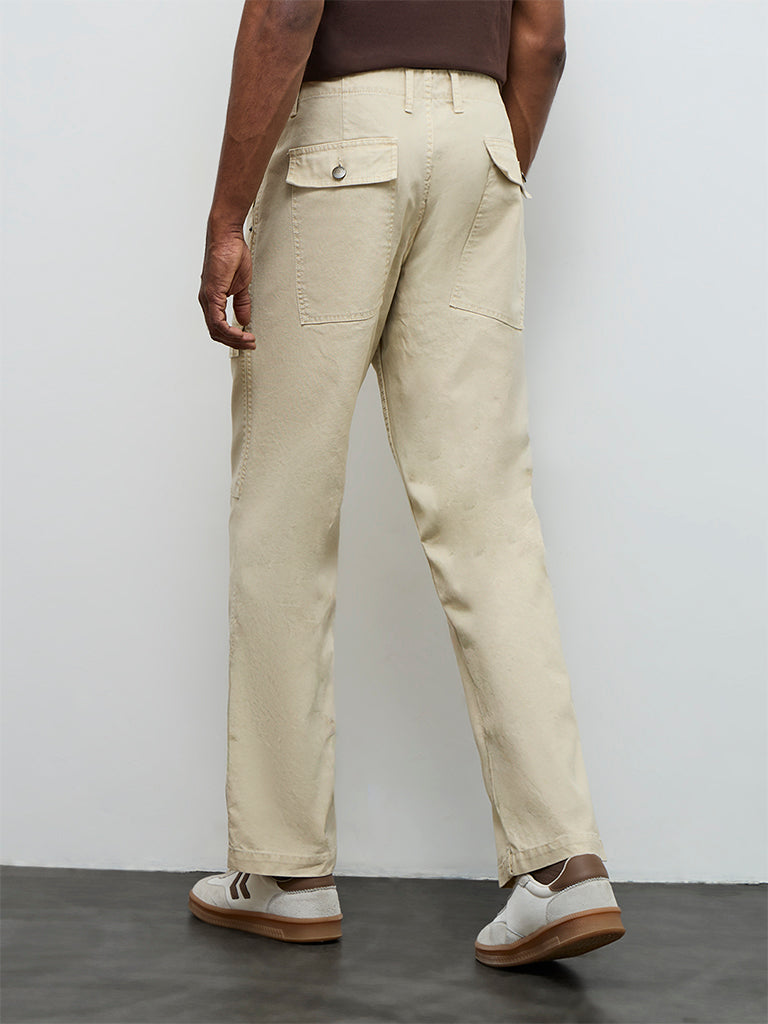 WES Casuals Beige Relaxed-Fit Mid-Rise Cotton-Blend Cargo Pants