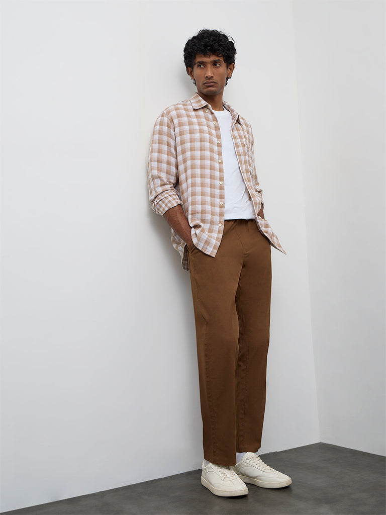 WES Casuals Brown Relaxed-Fit Mid-Rise Cotton-Blend Chinos