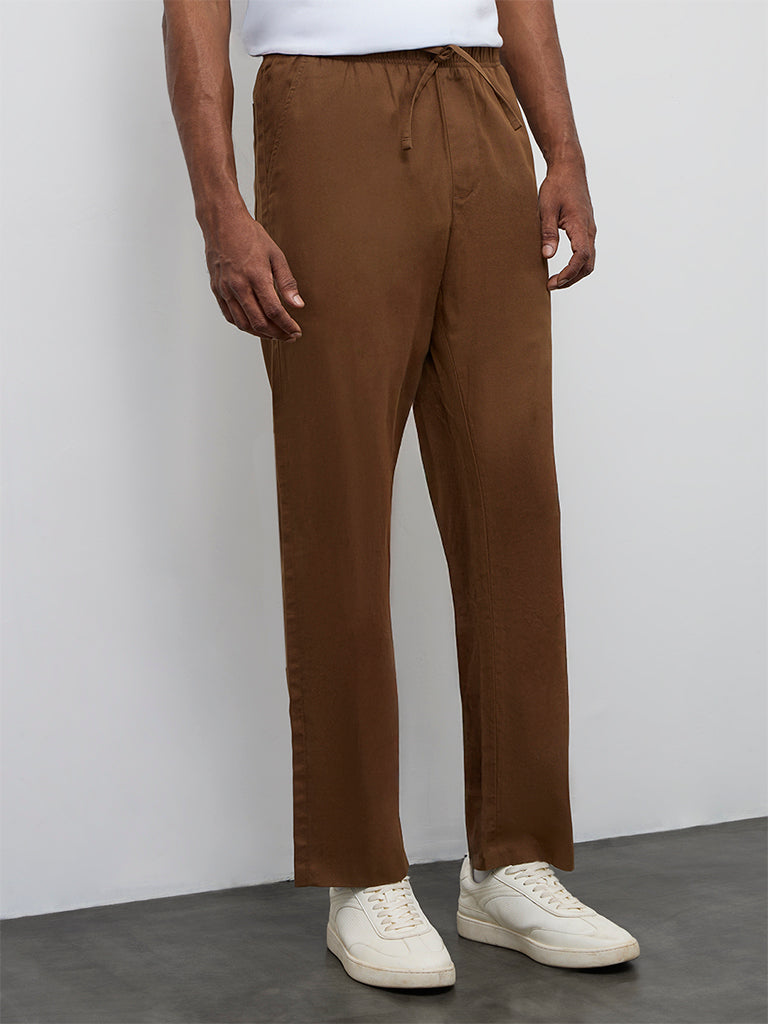 WES Casuals Brown Relaxed-Fit Mid-Rise Cotton-Blend Chinos