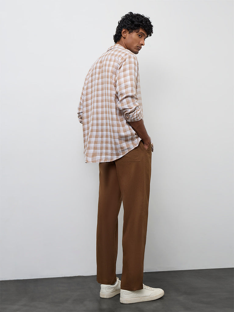 WES Casuals Brown Relaxed-Fit Mid-Rise Cotton-Blend Chinos
