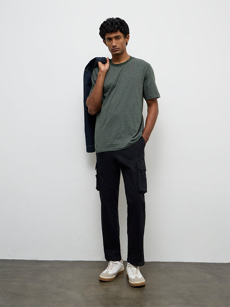 WES Casuals Black Relaxed-Fit Mid-Rise Cotton Cargo Pants