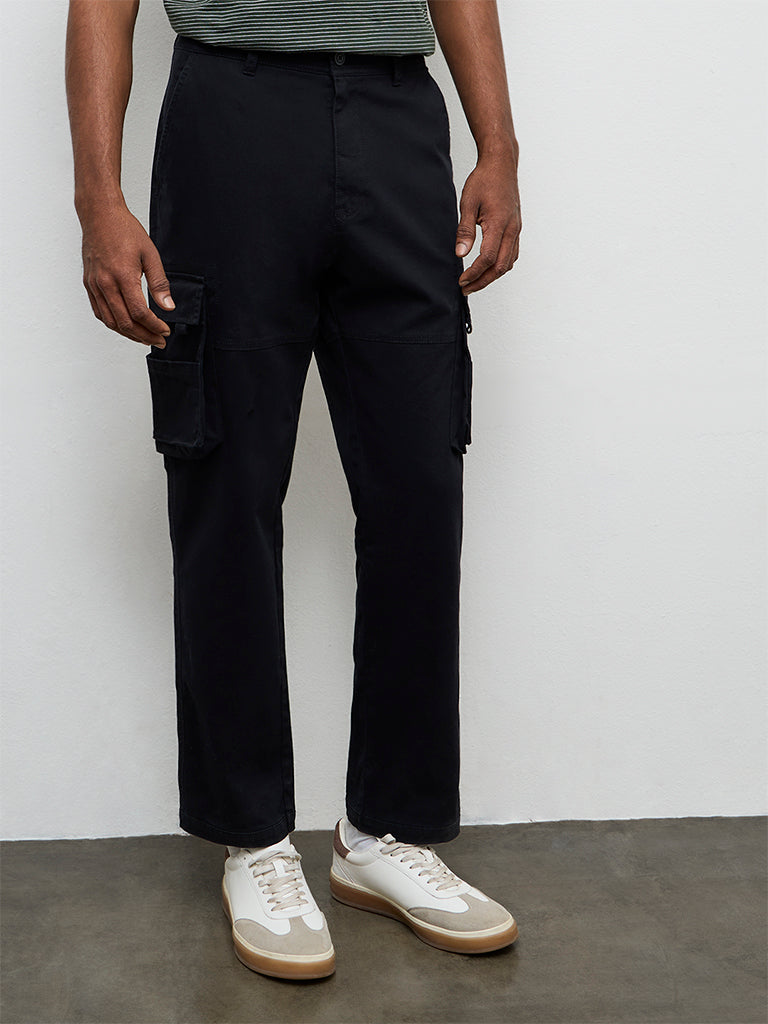 WES Casuals Black Relaxed-Fit Mid-Rise Cotton Cargo Pants