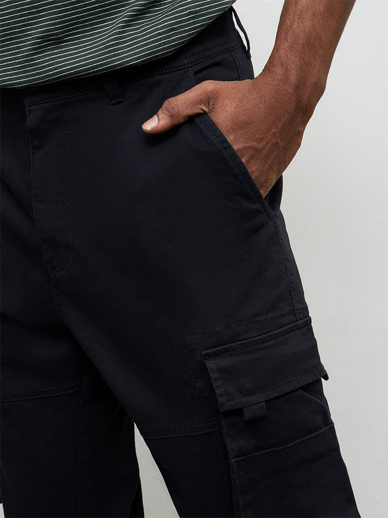 WES Casuals Black Relaxed-Fit Mid-Rise Cotton Cargo Pants