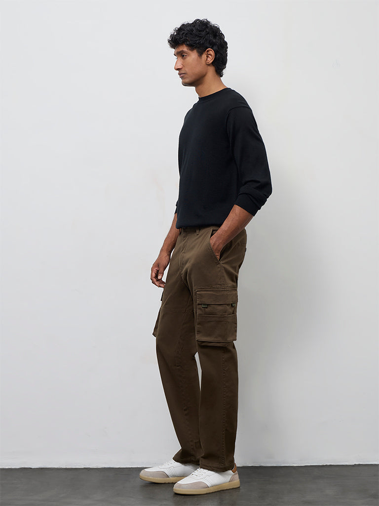 WES Casuals Dark Olive Relaxed-Fit Mid-Rise Cotton Cargo Pants