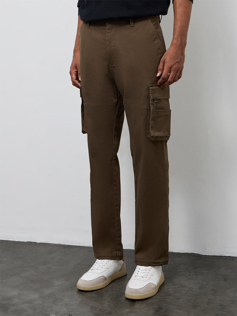 WES Casuals Dark Olive Relaxed-Fit Mid-Rise Cotton Cargo Pants