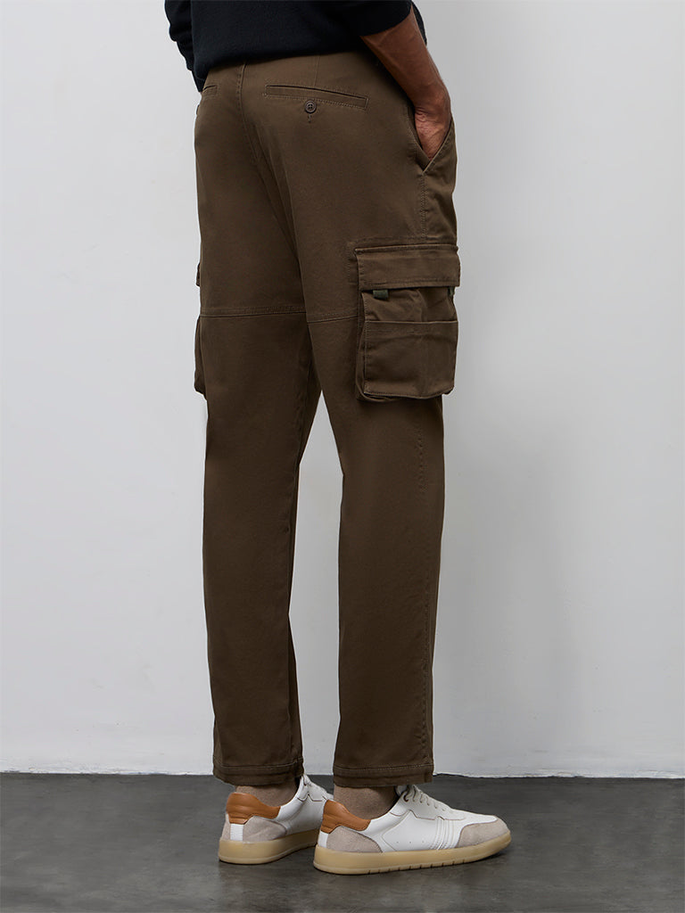 WES Casuals Dark Olive Relaxed-Fit Mid-Rise Cotton Cargo Pants