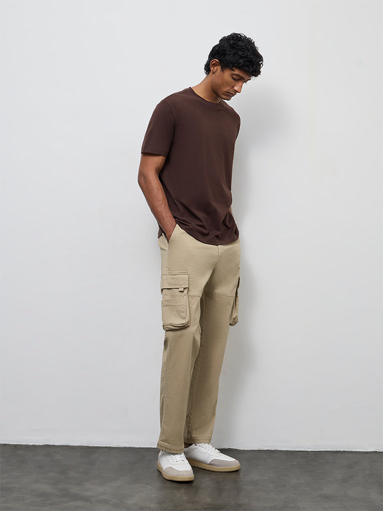 WES Casuals Taupe Relaxed-Fit Mid-Rise Cotton Cargo Pants