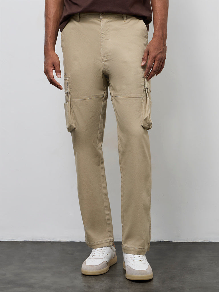 WES Casuals Taupe Relaxed-Fit Mid-Rise Cotton Cargo Pants