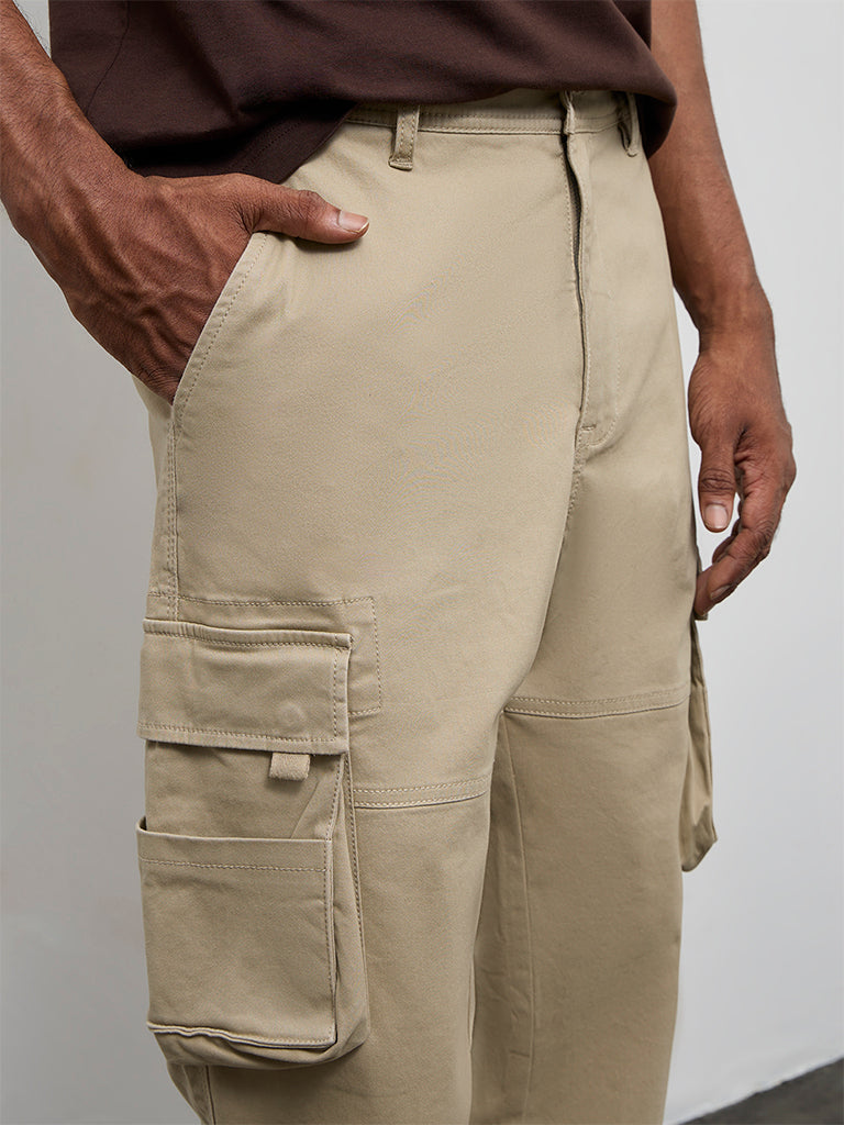 WES Casuals Taupe Relaxed-Fit Mid-Rise Cotton Cargo Pants