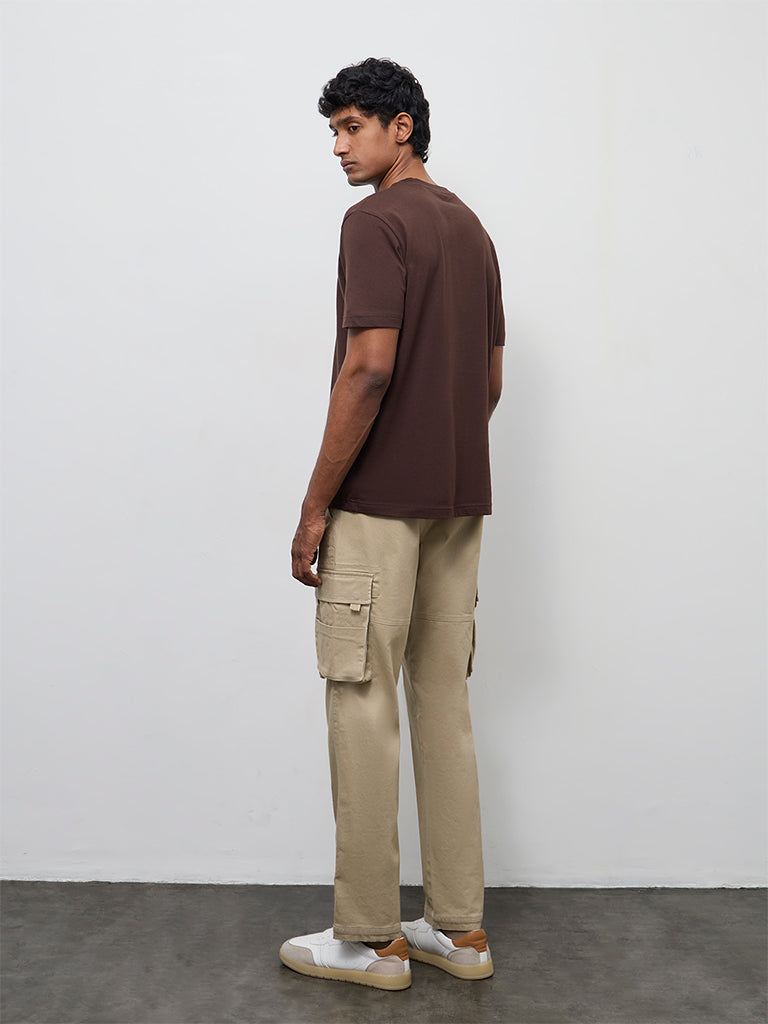 WES Casuals Taupe Relaxed-Fit Mid-Rise Cotton Cargo Pants
