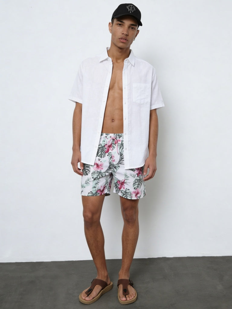 WES Casuals Green Foliage Printed Relaxed-Fit Mid-Rise Swimwear Shorts