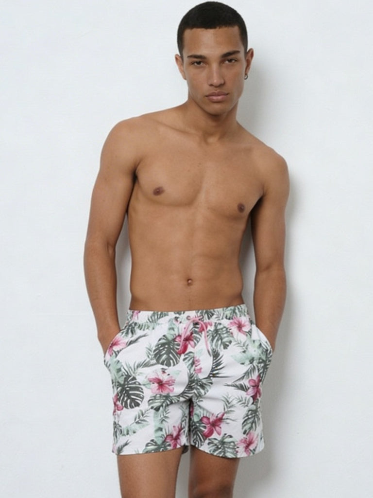 WES Casuals Green Foliage Printed Relaxed-Fit Mid-Rise Swimwear Shorts