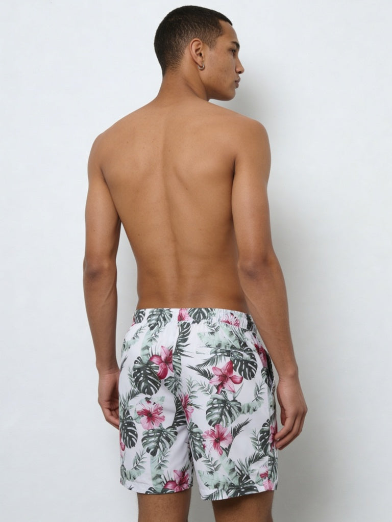WES Casuals Green Foliage Printed Relaxed-Fit Mid-Rise Swimwear Shorts