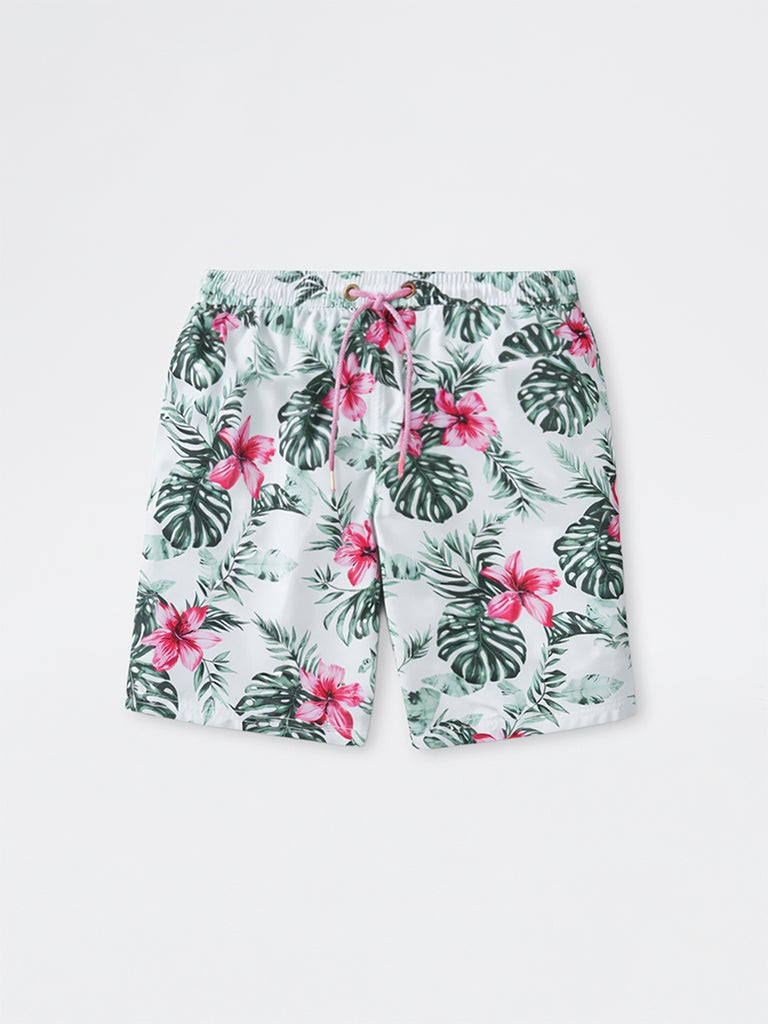 WES Casuals Green Foliage Printed Relaxed-Fit Mid-Rise Swimwear Shorts