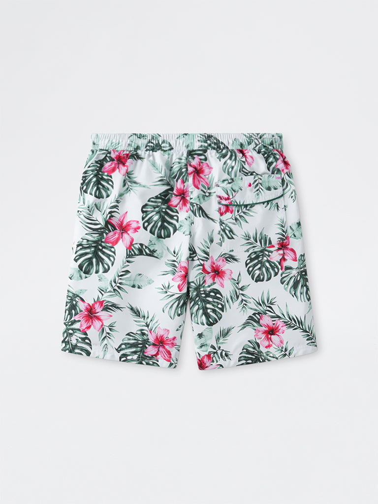 WES Casuals Green Foliage Printed Relaxed-Fit Mid-Rise Swimwear Shorts
