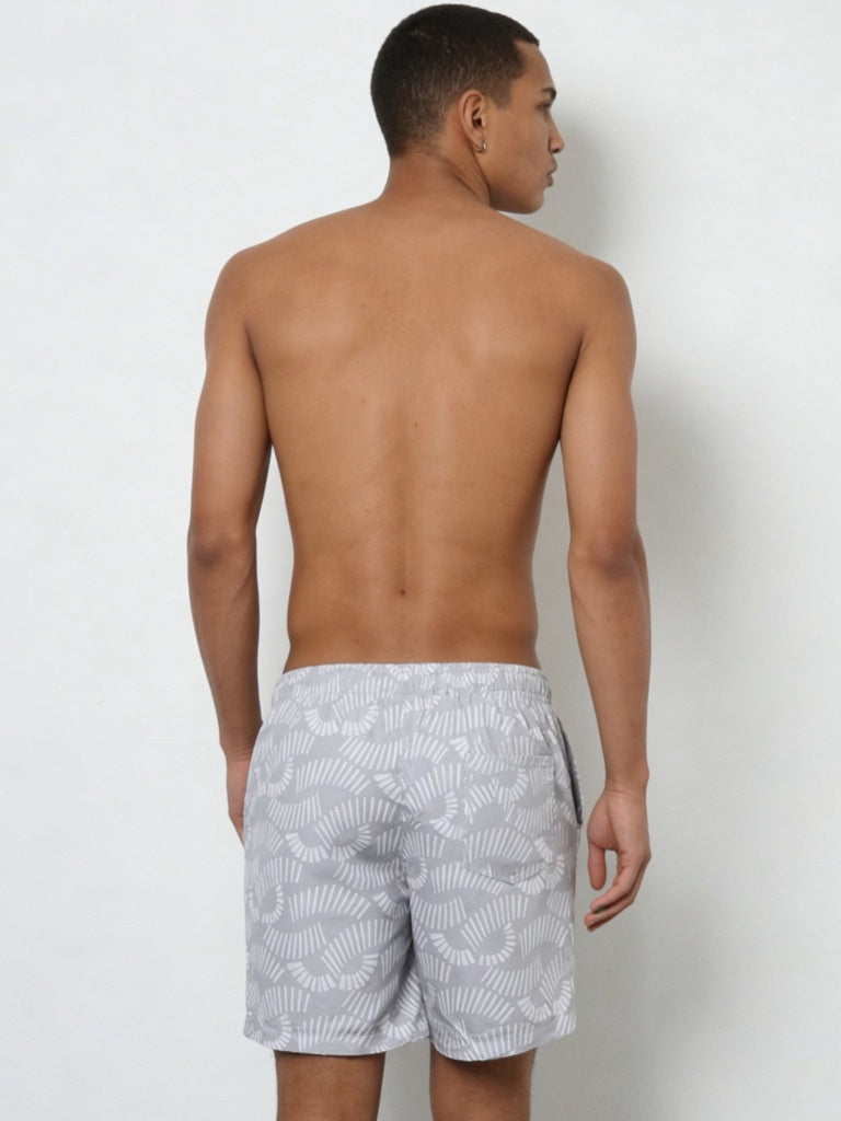 WES Casuals Grey Printed Relaxed Fit Mid-Rise Swimwear Shorts