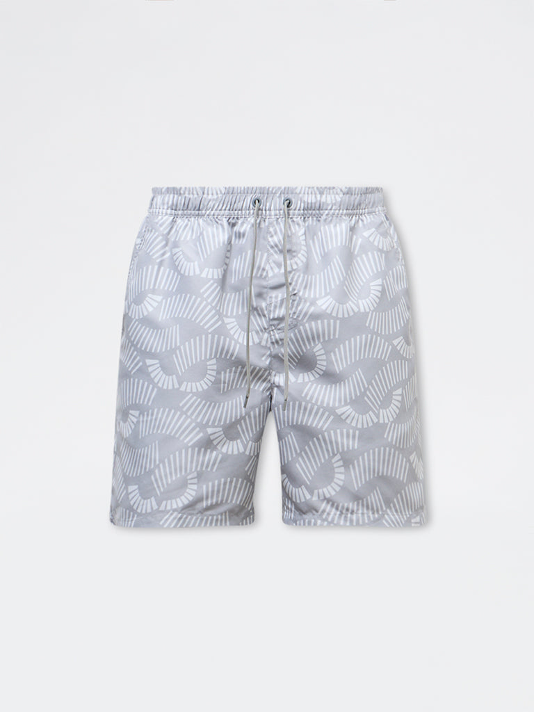 WES Casuals Grey Printed Relaxed Fit Mid-Rise Swimwear Shorts