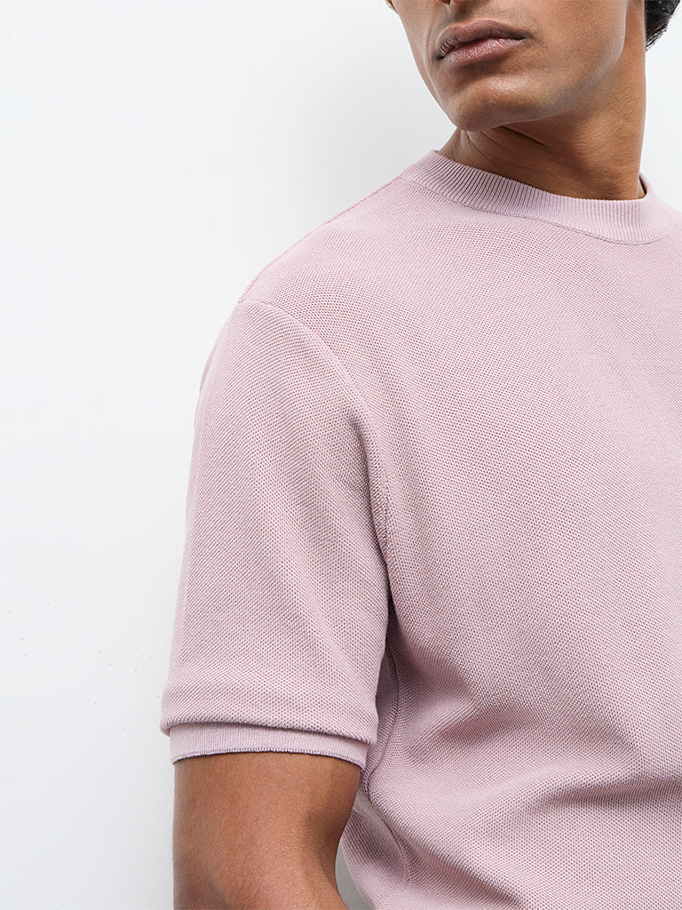 WES Formals Dusty Pink Knitted Slim-Fit T-Shirt