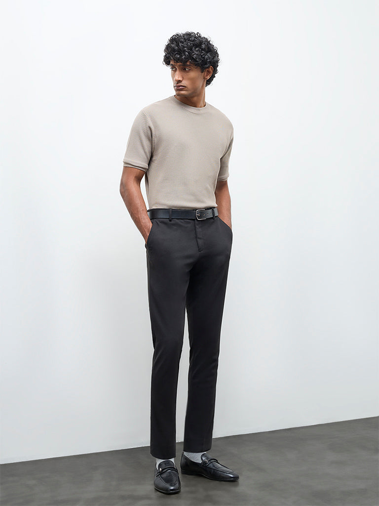 WES Formals Taupe Knitted Slim-Fit T-Shirt