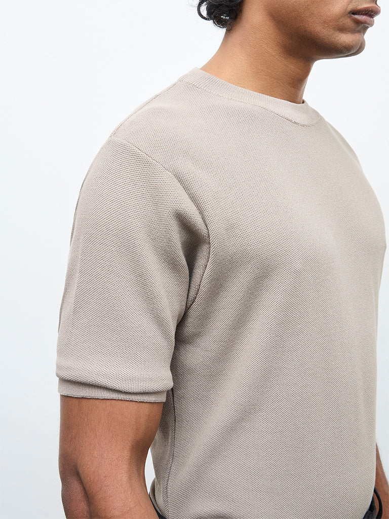 WES Formals Taupe Knitted Slim-Fit T-Shirt