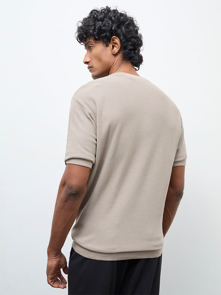 WES Formals Taupe Knitted Slim-Fit T-Shirt