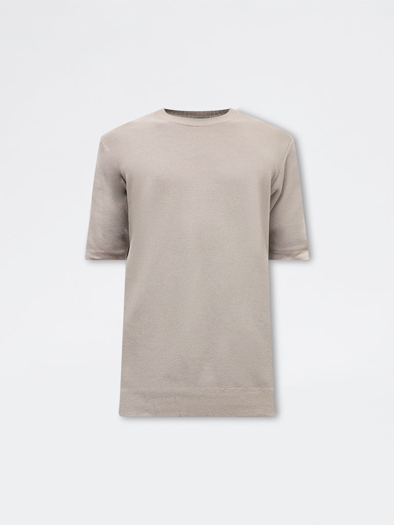 WES Formals Taupe Knitted Slim-Fit T-Shirt
