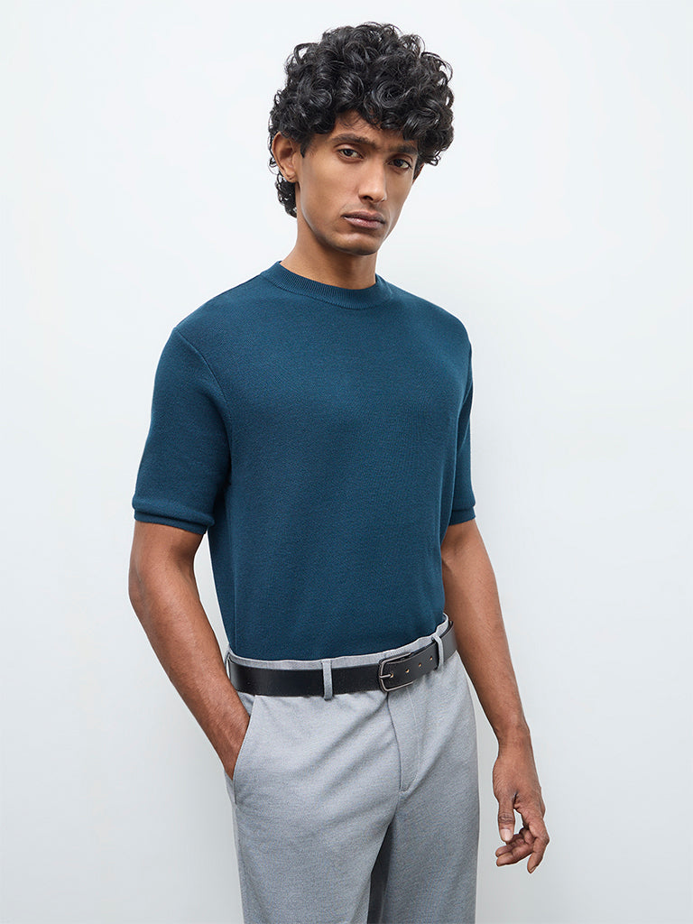 WES Formals Teal Knitted Slim-Fit T-Shirt