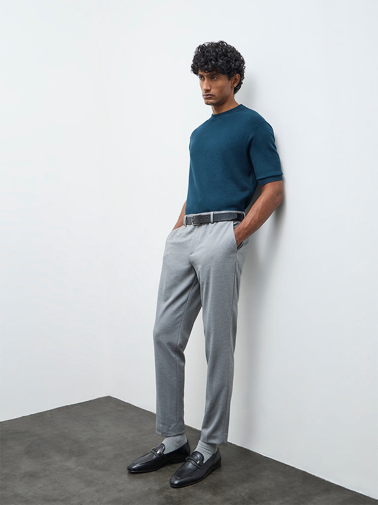 WES Formals Teal Knitted Slim-Fit T-Shirt