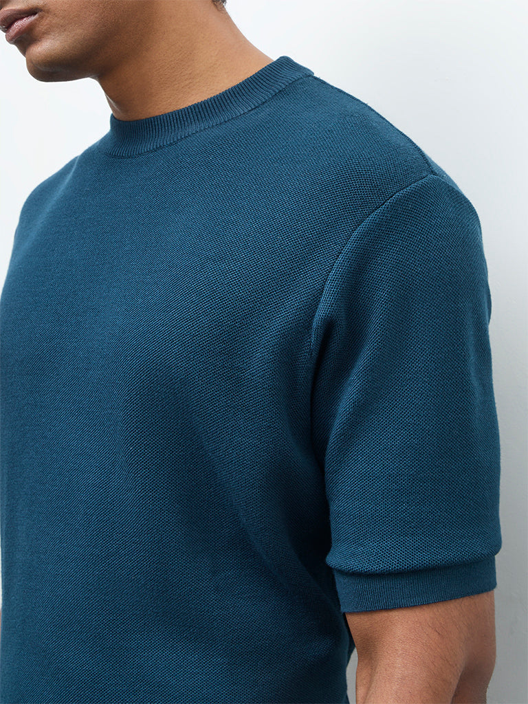 WES Formals Teal Knitted Slim-Fit T-Shirt
