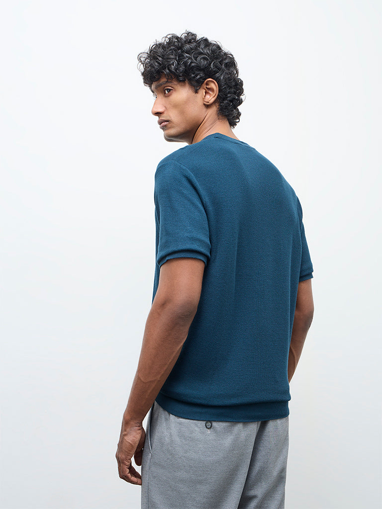 WES Formals Teal Knitted Slim-Fit T-Shirt