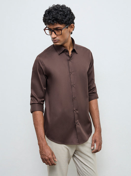 WES Formals Dark Brown Solid Slim-Fit Cotton Shirt