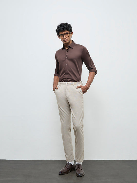 WES Formals Dark Brown Solid Slim-Fit Cotton Shirt