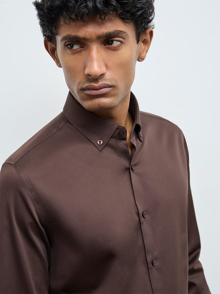 WES Formals Dark Brown Solid Slim-Fit Cotton Shirt