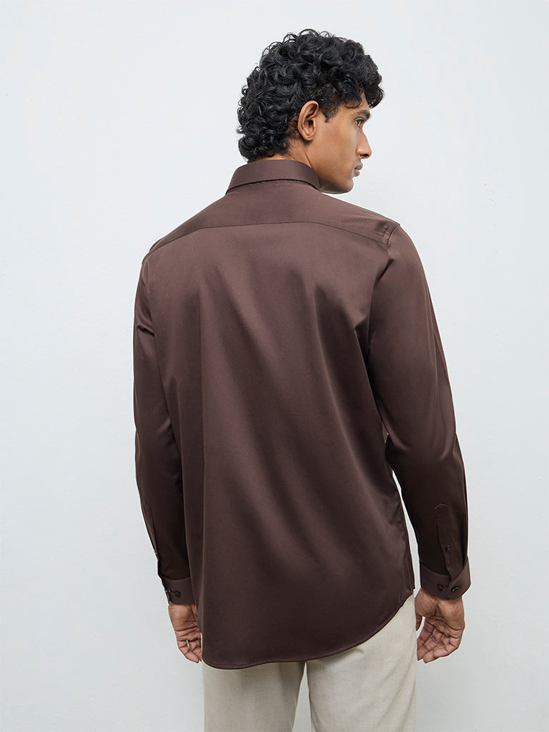 WES Formals Dark Brown Solid Slim-Fit Cotton Shirt
